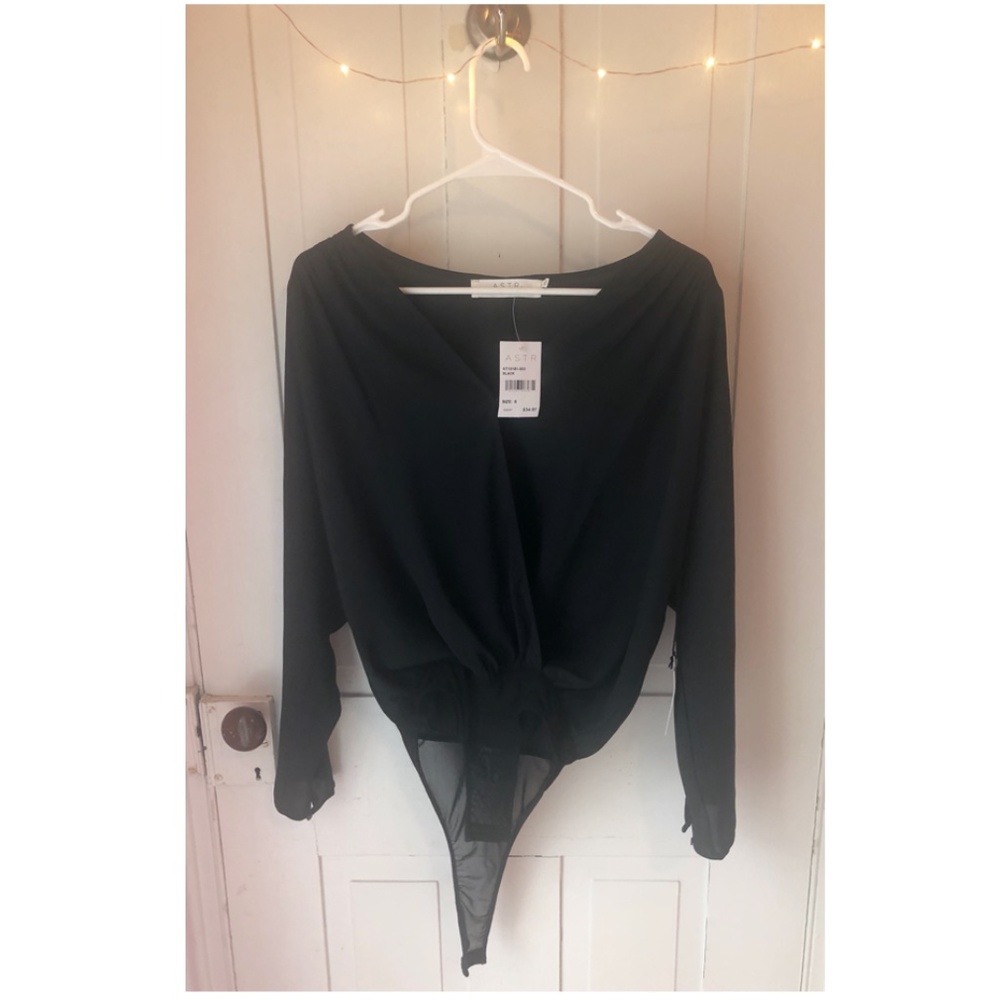 Black Drape Front Long Sleeve Black Bodysuit